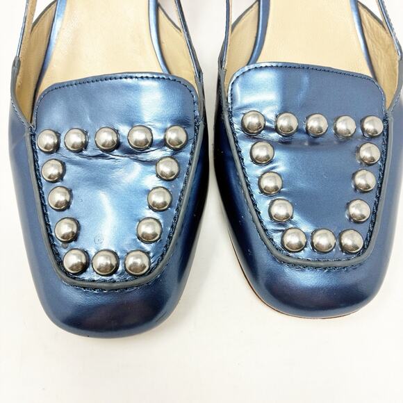 Coach Patent Leather Metallic Blue Studded Block Heel Sling Back Mules 8 - Picture 6 of 7